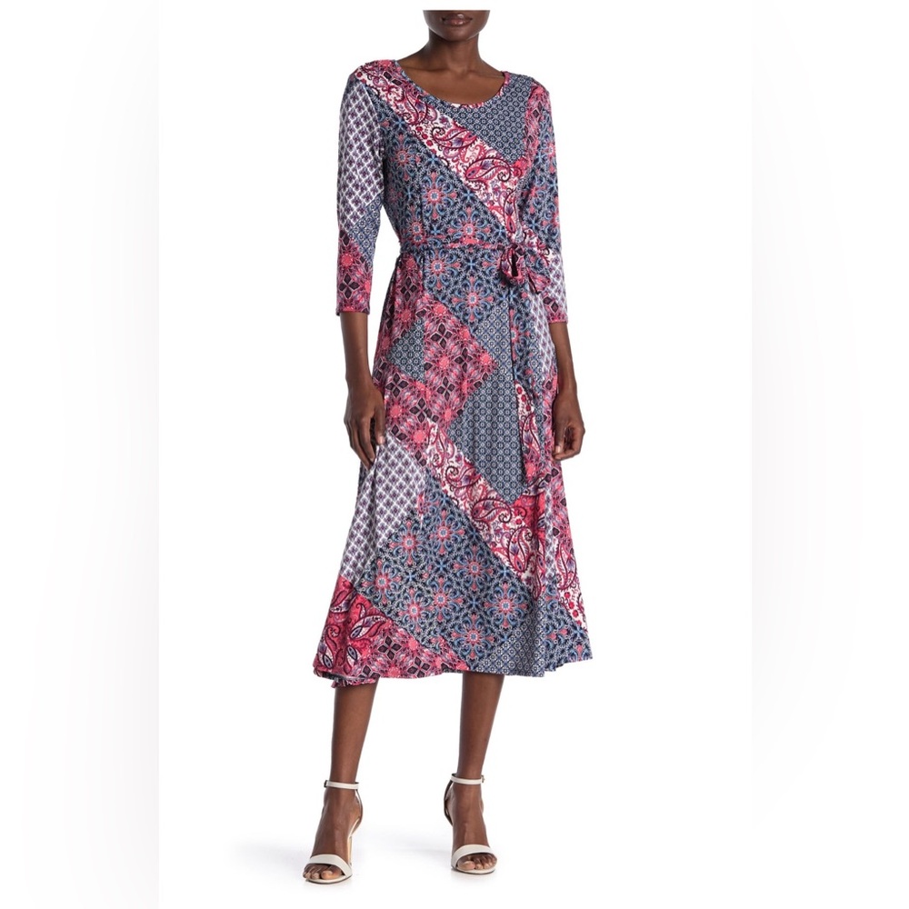 Nina Leonard Red and Blue Patchwork 3/4 Sleeve Dress